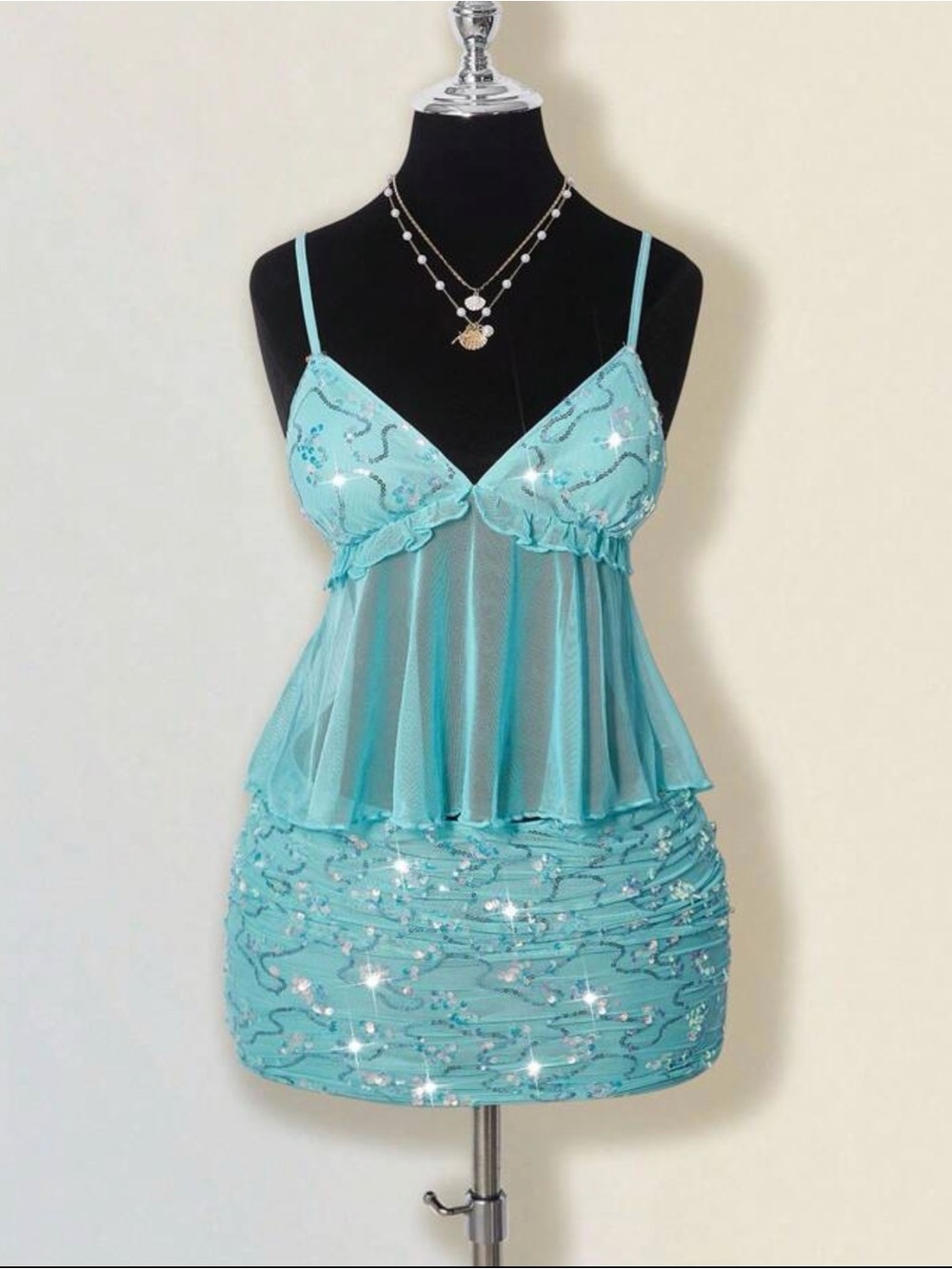 Edikted Aqua Sequin Mesh top and mini set size S adjustable straps